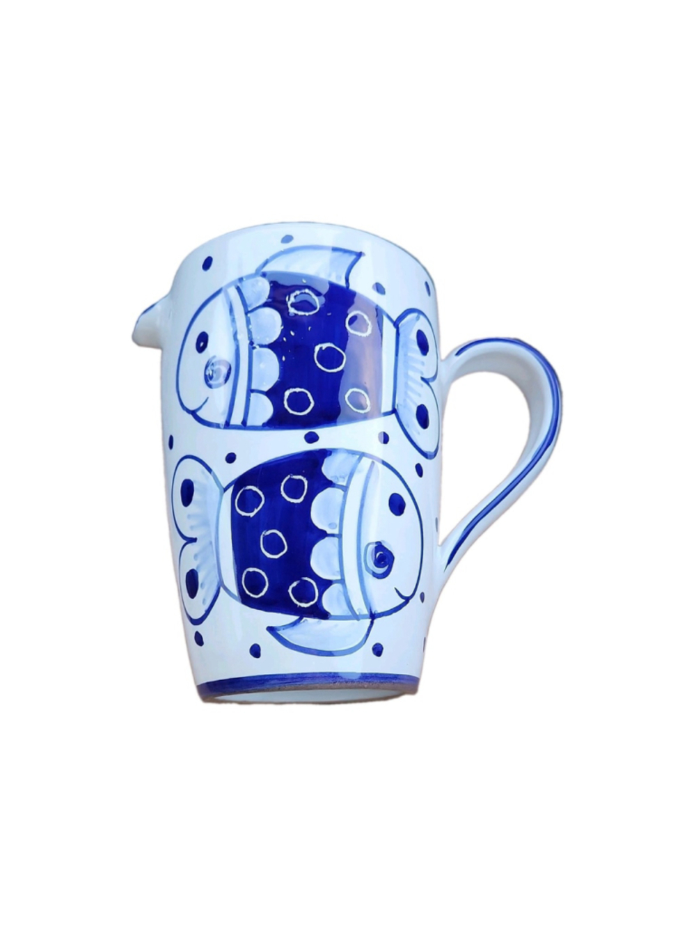 Deruta Italy Hand Painted Ceramic Pitcher Blue White Fish Nautical Jug 10" Vtg